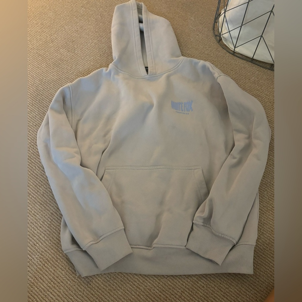 white fox small/medium hoodie!! blue wording! super cute!!